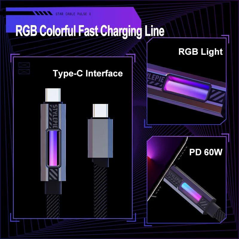 Stylepie RGB 60W USB Type C Charging Data Cable Nylon Braided Wire Charging Cable for iPhone iPad Samsung Huawei Laptop Cable