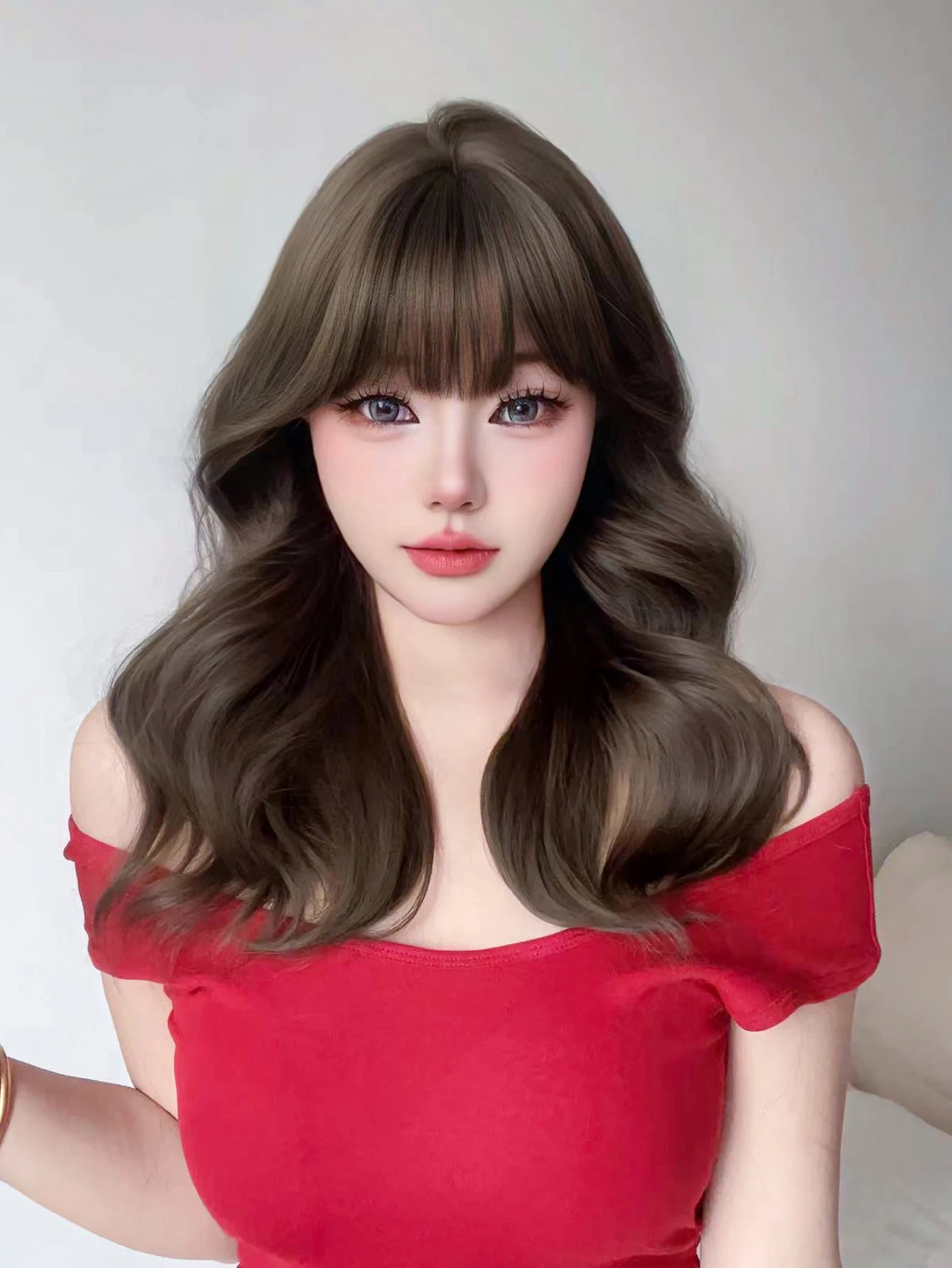 20Inch Cool Brown Synthetic Wigs with Bangs Long Natural Wavy Hair Wig for Women Daily Use Cosplay Drag Queen Heat Resistant