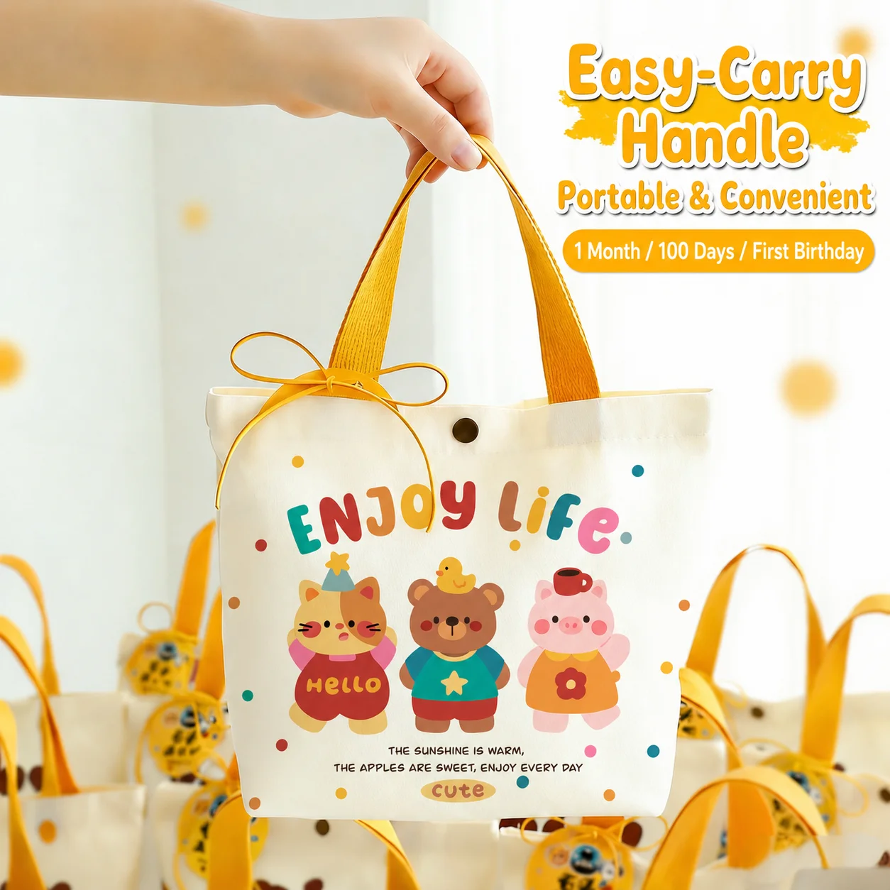 Japanese Kawaii Printed Tote Bag Small Cartoon Animal Lunch Purse Casual Portable Picnic Food Storage Handbag for School Office