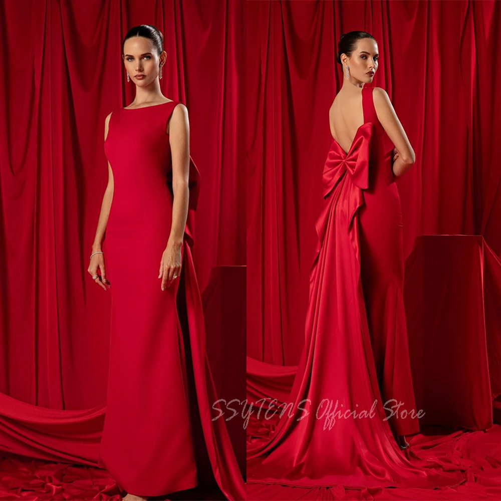 Elegant Red Mermaid Evening Dresses O Neck Detachable Bow Train Customized Formal Party Dress Satin Prom Gowns vestidos de gala