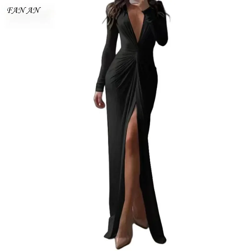 2024 New Women\'s Solid Color Dress Summer Fashion Sexy V-neck Long Sleeve Slim Pleated Skirt Dress Long Skirt Women\'s Dress