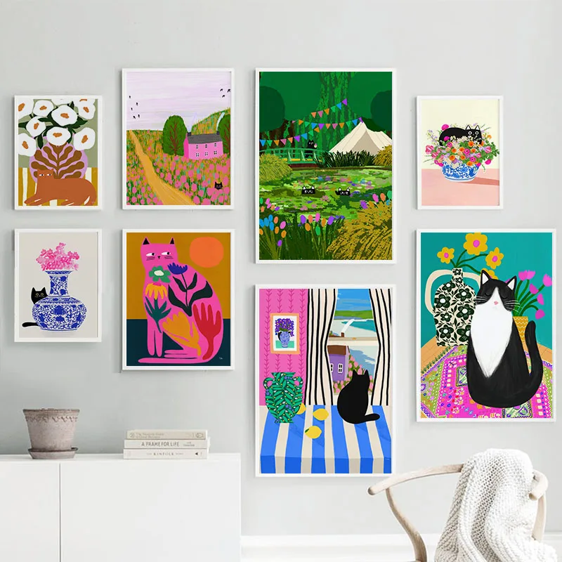 Florero de gato colorido a la moda, ilustración de flores y hojas, cuadro sobre lienzo para pared, carteles de plantas abstractas, impresiones de imágenes para habitación