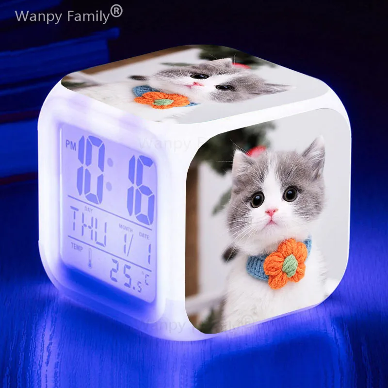 Hello Cat Alarm Clock 7Color Changing Glowing Multifunction Wake Up Timer Reloj Kids Room Small Night Lights Desk Clock