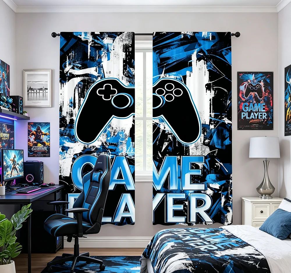 2PCS Digital Printed Curtains, Ink Blue Game Controller Pattern, Gamer E-sports Style for Living Room Bedroom Game Room Decor