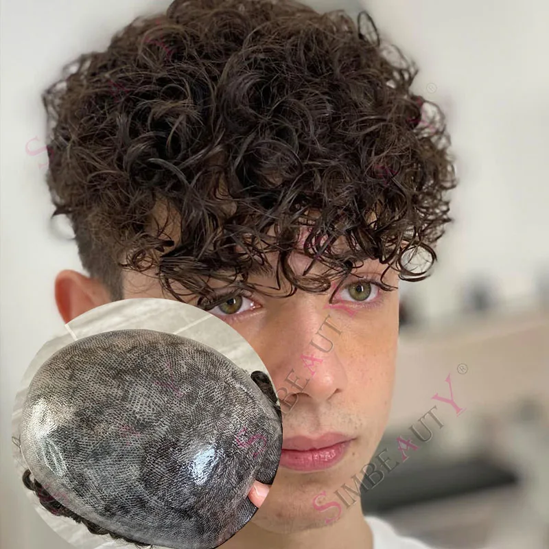 

18 мм афро вьющиеся супер полные тонкие микрокожи прочный парик волнистый коричневый 100% человеческие волосы черный серый мужской незаметный капиллярный протез