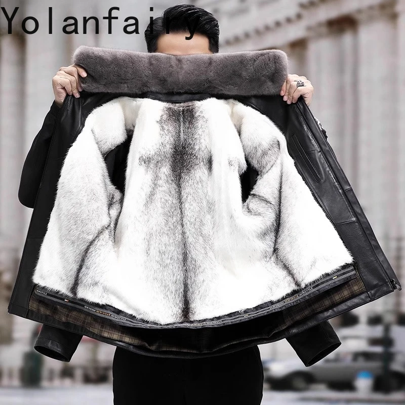 YOLANFAIRY Natural Fur Coat Mink Jackets for Men Winter Luxury Cross Mink Fur Liner Black Fur Coats Real Cow Leather Jacket Men