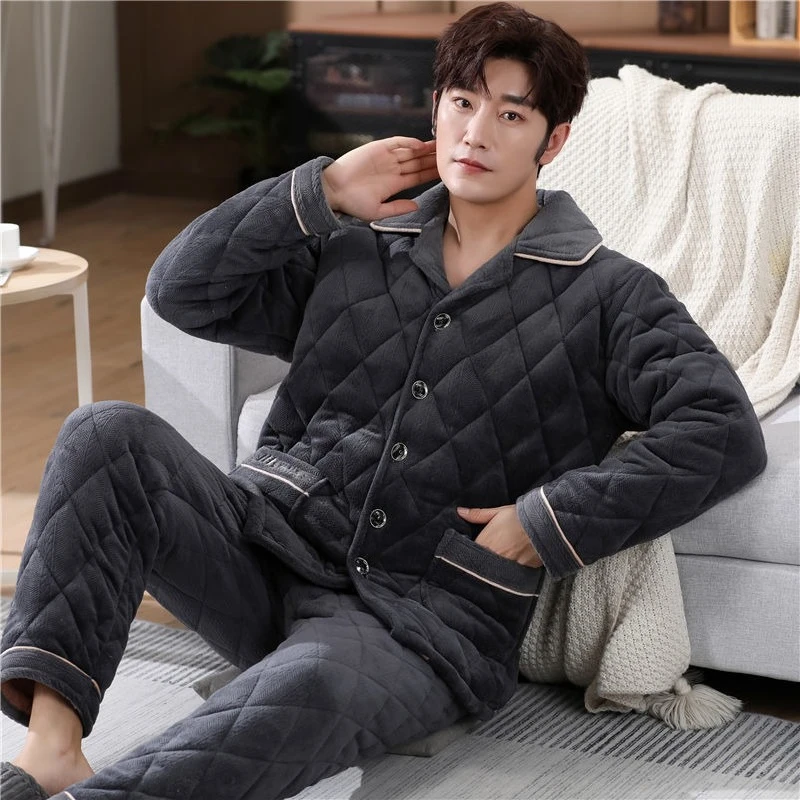 

Men's Pajamas Autumn Winter Three-layer Cotton-padded Thickened Fleece Coral Fleece Warm Middle-aged Elderly People Home Wear