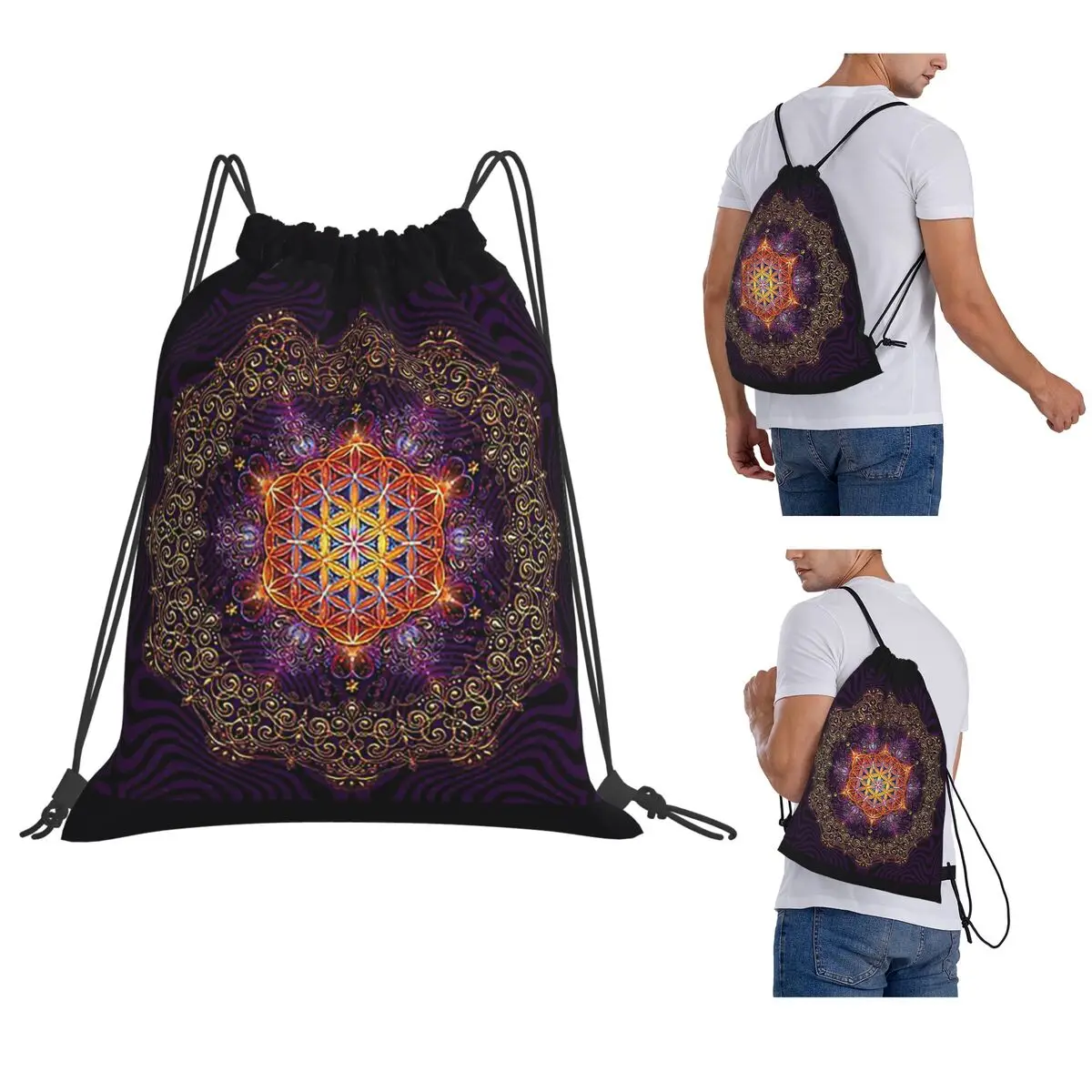 Flower Of Life Golden Lace Mandala Backpacks Casual Drawstring Bags Sports Bag Book Bags for Man Woman Students
