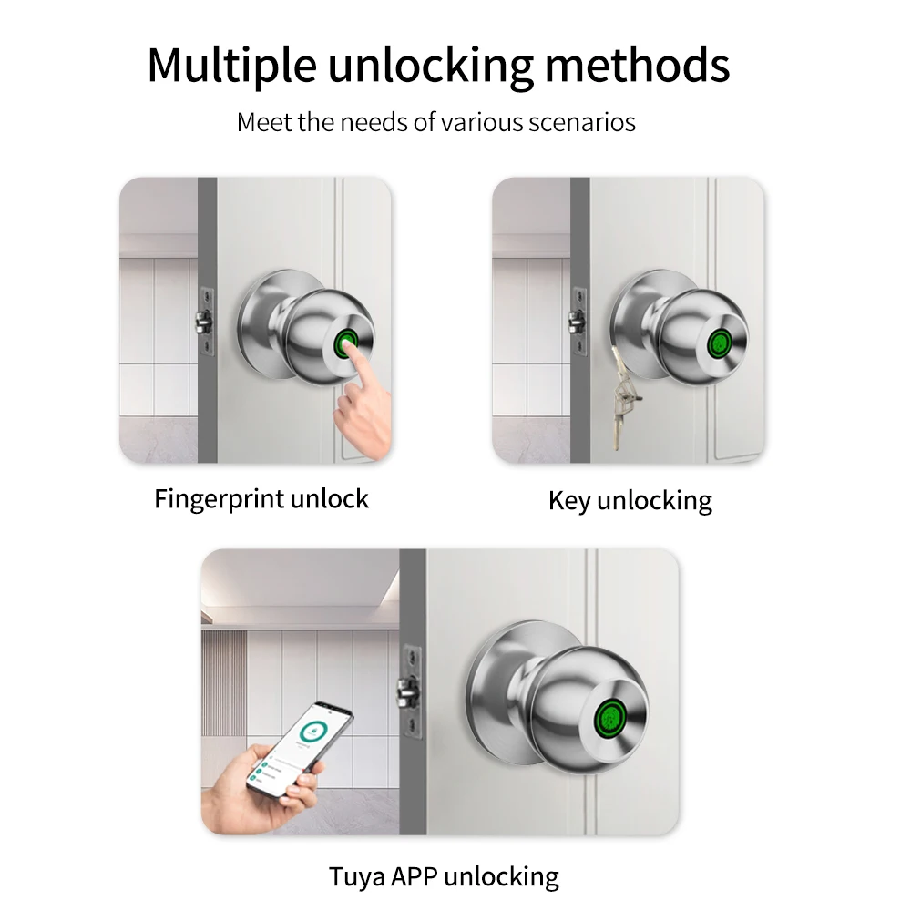 Round Knob Fingerprint Smart Electric Lock Tuya App Bluetooth Biometric Easy Replacement + Mechanical Key For Home Office Hotel