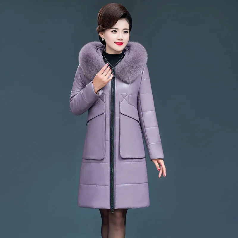 Noble Purple Leather Women's Mid-Long Thickening Outwear  Mothers Sheepskin Winter Coat Female Large Fur Collar Hood OutCoat 6XL