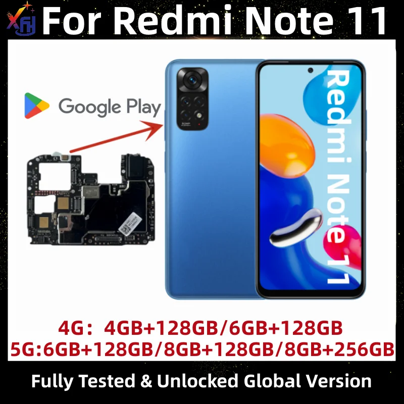 Motherboard PCB Module for Redmi Note 11, 4G Mainboard, 128GB, Original Unlocked, Global ROM, Logic Board with Google Installed