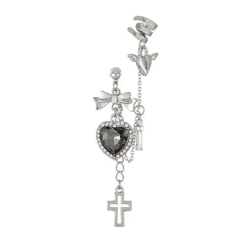 Punk Vintage Metal Cross Chain Black Crystal Heart Earrings Women Personalized Hip Hop One Piece Ear Bone Clips Party Jewelry