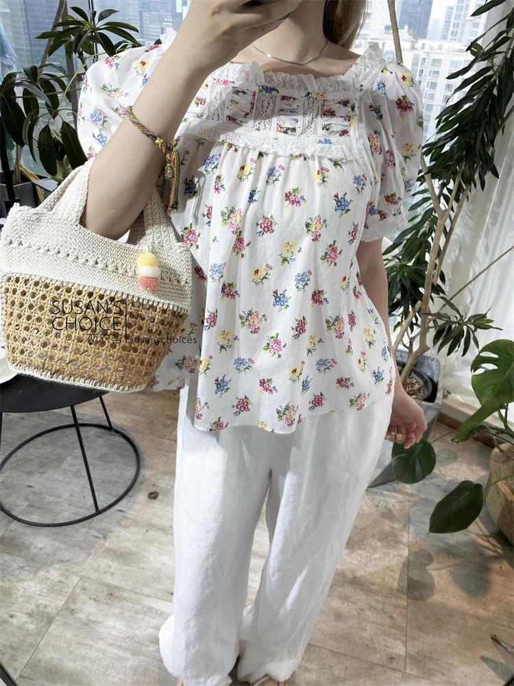 

Susan Do Summer Свободный топ с цветочной кружевной отделкой Bubble Sve Женский хлопковый топ irt для поездок на работу с защитой от ультрафиолета ort Sve Square...