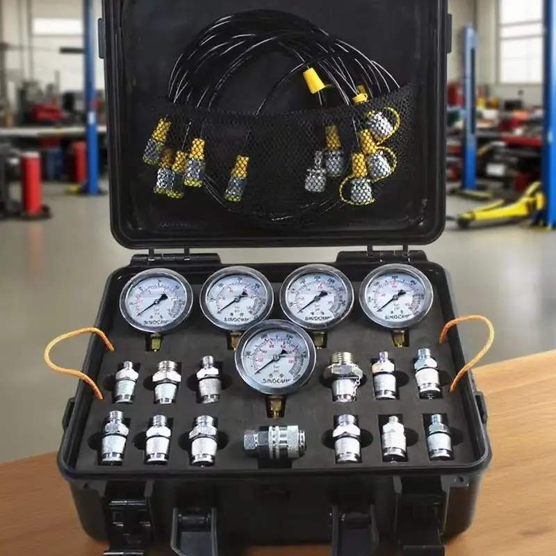

Hydraulic Pressure Test Kit for CAT for John Deere with 5 Gauges 13 Couplings 14 Tee Connectors Pressure Gauge Excavator Parts