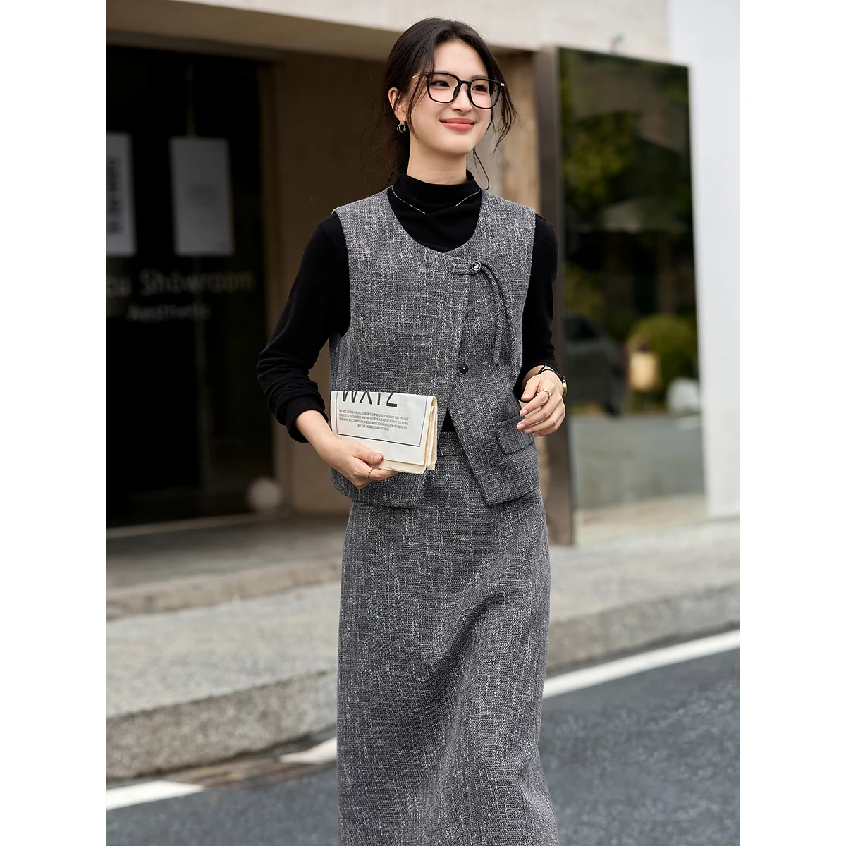 Vimly Women's Tweed Suit Set 2025 autumn new O-Neck vest & A-line Long Skirt office lady commuter elegant Two Piece Outfit