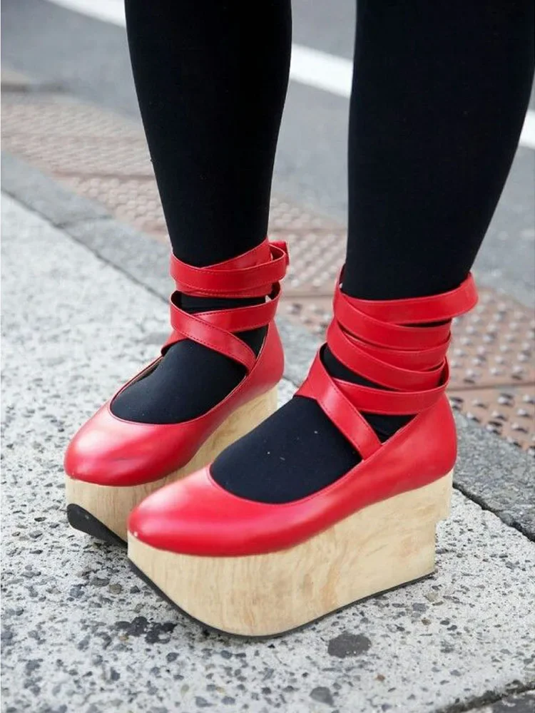 Sol Platform Serat Kayu Trendi Sepatu Wanita Ujung Bulat Sepatu Balet Tali Hak Tinggi Bawah Tebal Sepatu Kuda Goyang Buatan Tangan