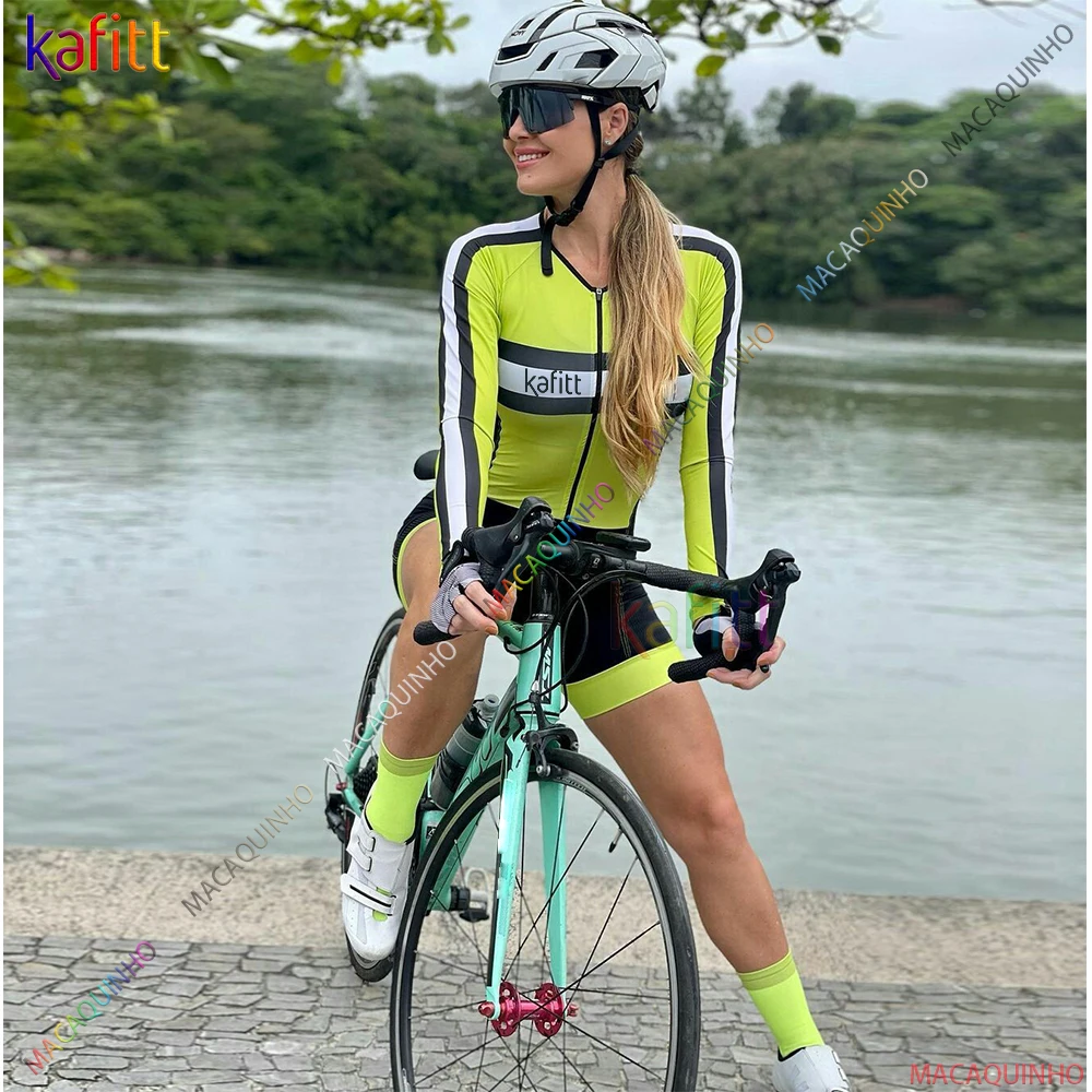 

Kafitt Women's Sexy Green Long Cycling Triathlon Clothes Skinsuit Sets 20D Pad Macaquinho Ciclismo Feminino Bike Jumpsuit Kits