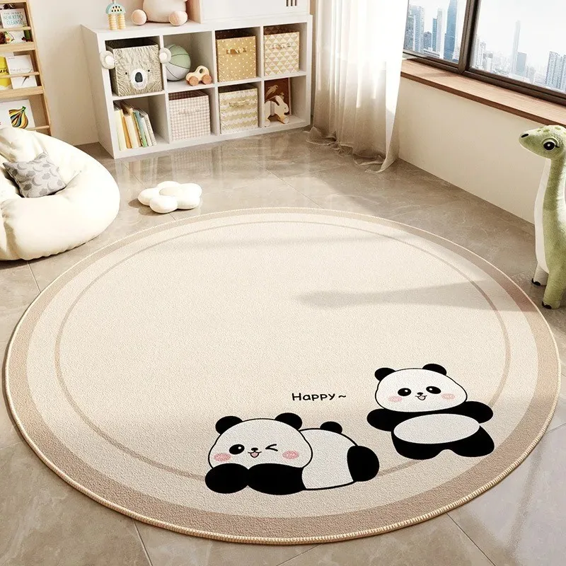 Panda Round Rug Beige Cream Soft Flannel NonSlip Carpet For Living Room Bedroom Bedside Cute Animal Modern Home Floor Mat