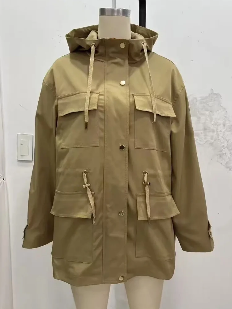 

HH женская новая однотонная однобортная куртка с несколькими карманами и капюшоном с длинными рукавами женская осенняя мода уличное повседневное пальто на шнурке