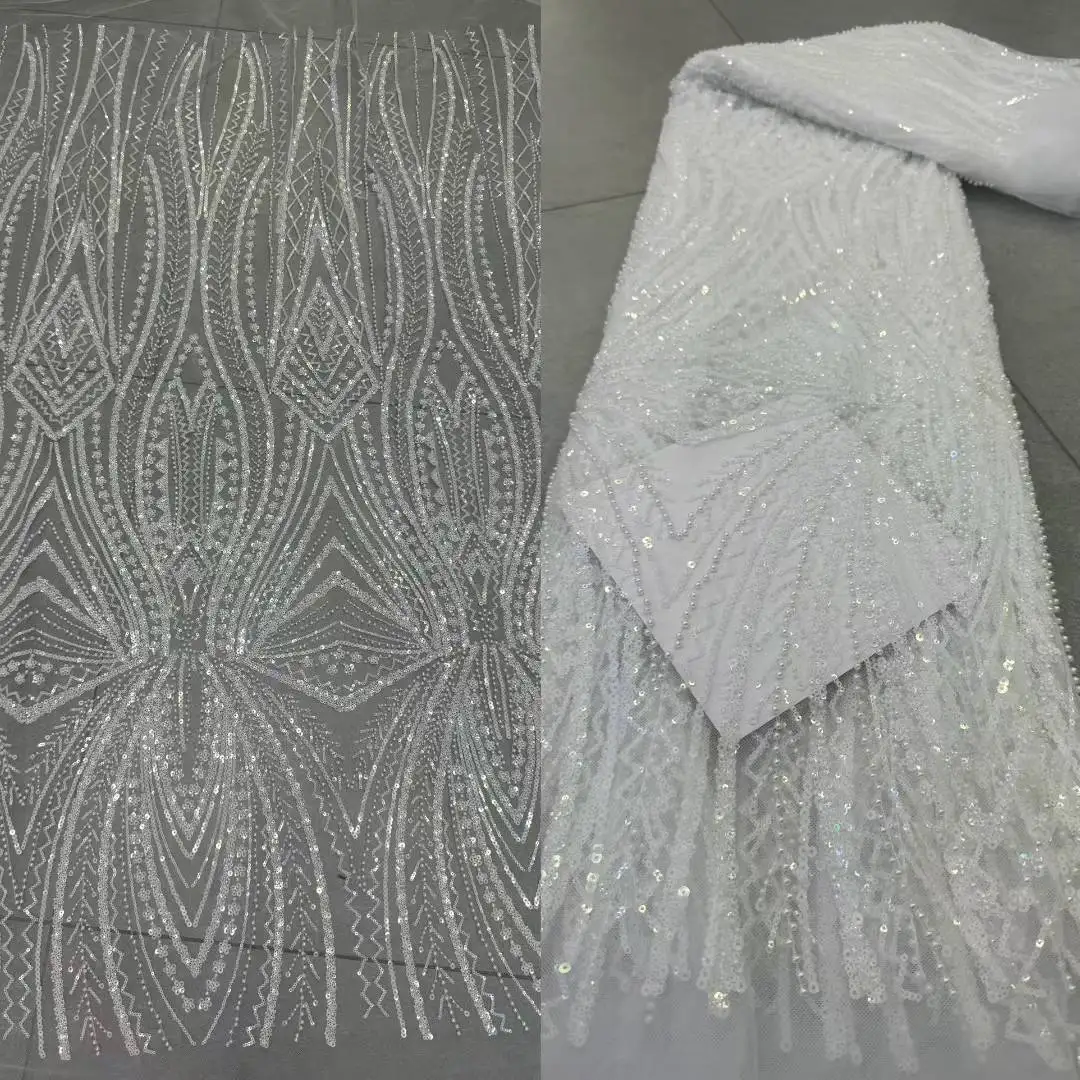 

2025 New Design Popular Luxury Beaded Lace Fabric Embroidery Lace High Quality French Tulle Lace Sequins For Wedding Bridal Lace