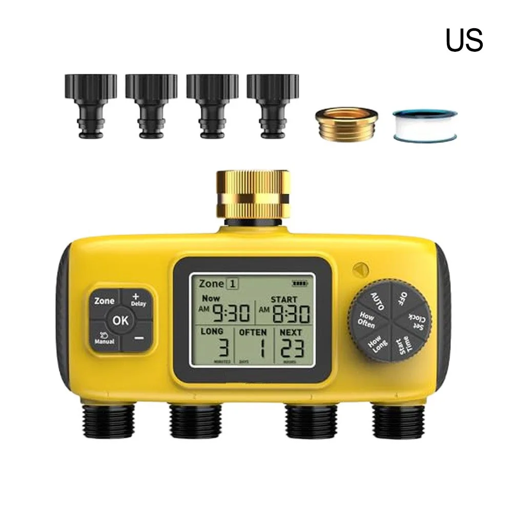 Garden Water Controller 4 for zone Hose Timer Brass Inlet Construction IP65 Weather Resistant 3.4 Inch LCD Screen Large Font