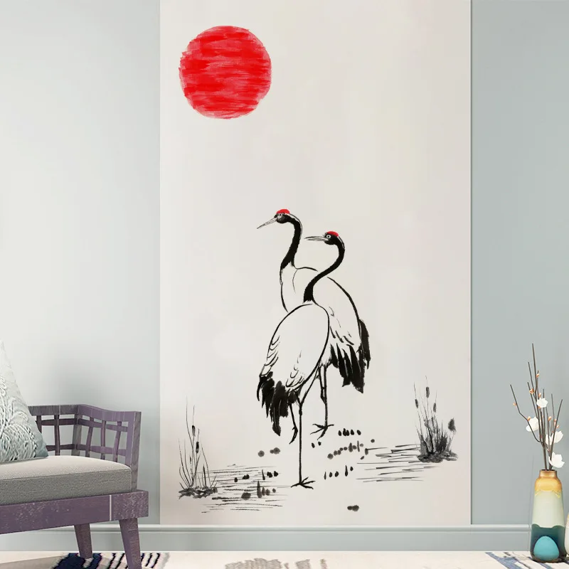 Chinese Style Red-crowned Crane Wall Stickers Living Room Bedroom Decor Aesthetic Vintage Home Office Decals Wallstickers