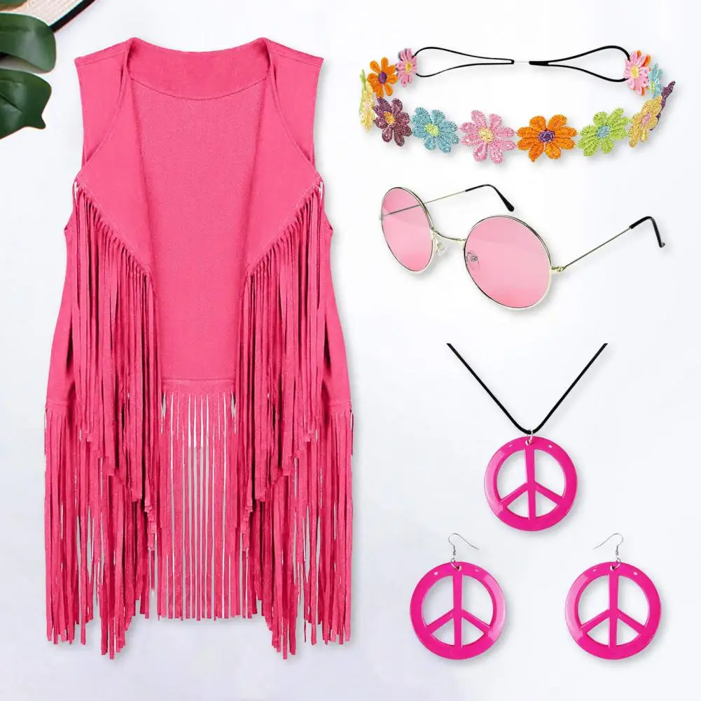 60s 70s Dance Party Disco Vest with Headband Sunglasses Necklace And Earrings Tassel Cardigan Waistcoat Halloween Clothes 5 Pcs