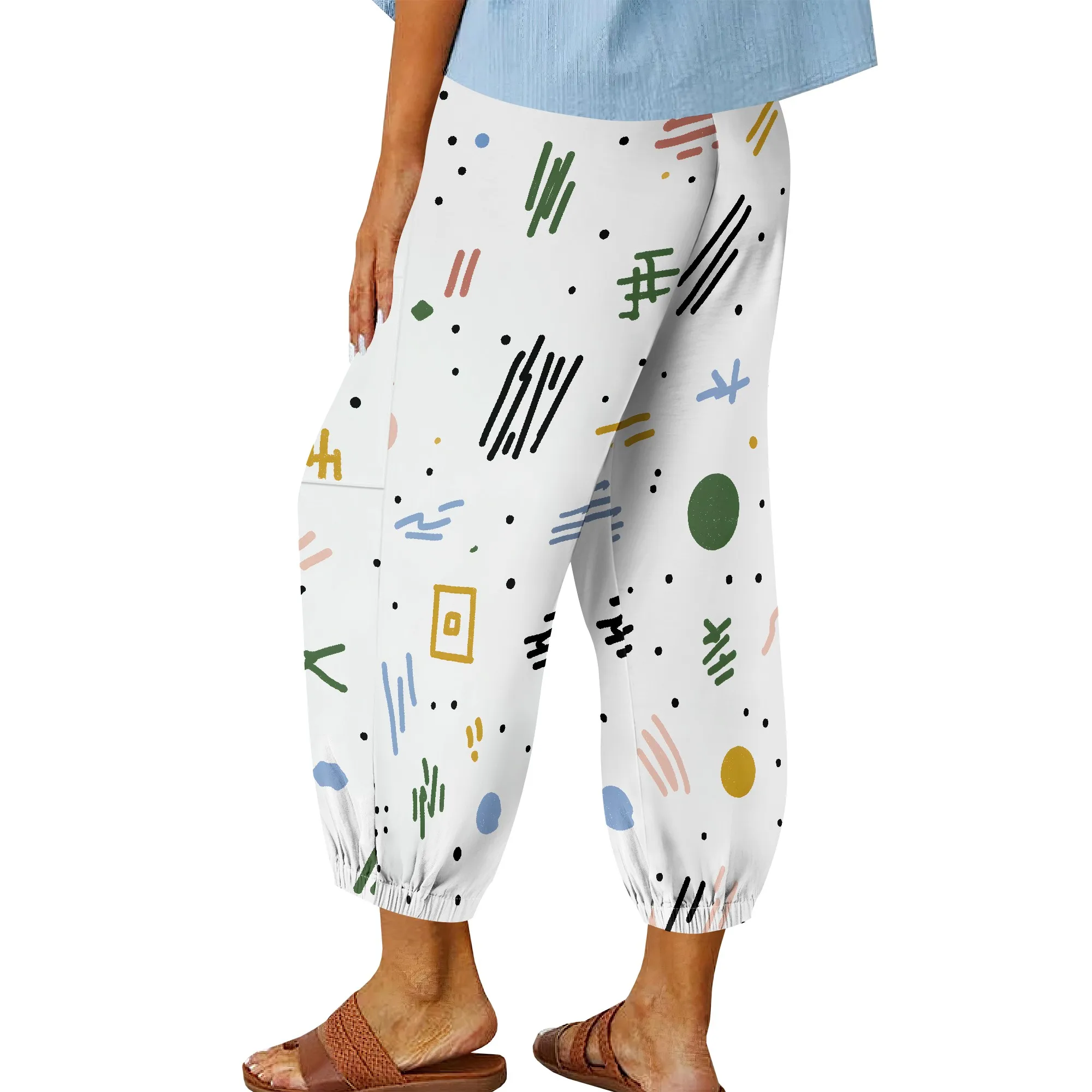 Abstract Print, Casual Pants, Geometric Pattern Graphic Design, Pocket Detail Loose Fit, Lounge Wear Beach Outfit, XS-3XL