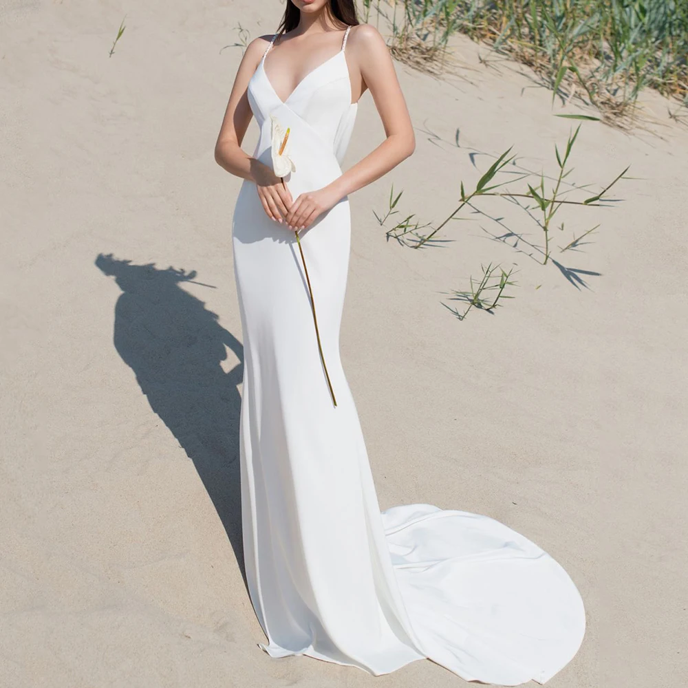 Vestido de novia con espalda abierta, con cuello en V profundo traje Sexy, sin mangas, sirena, hasta el suelo, hecho a medida, vestido de tren de barrido para matrimonio