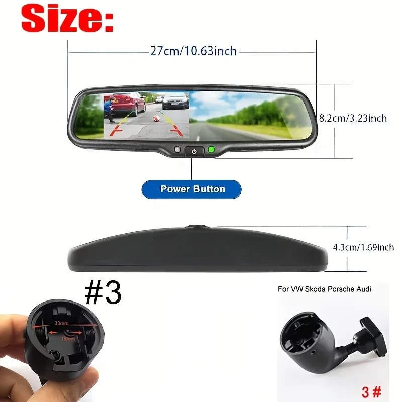 4.3' Rearview Monitor with Special Bracket #3, No Error Display Universal Screen | Works with PORSCHE, VW, Audi, Skoda