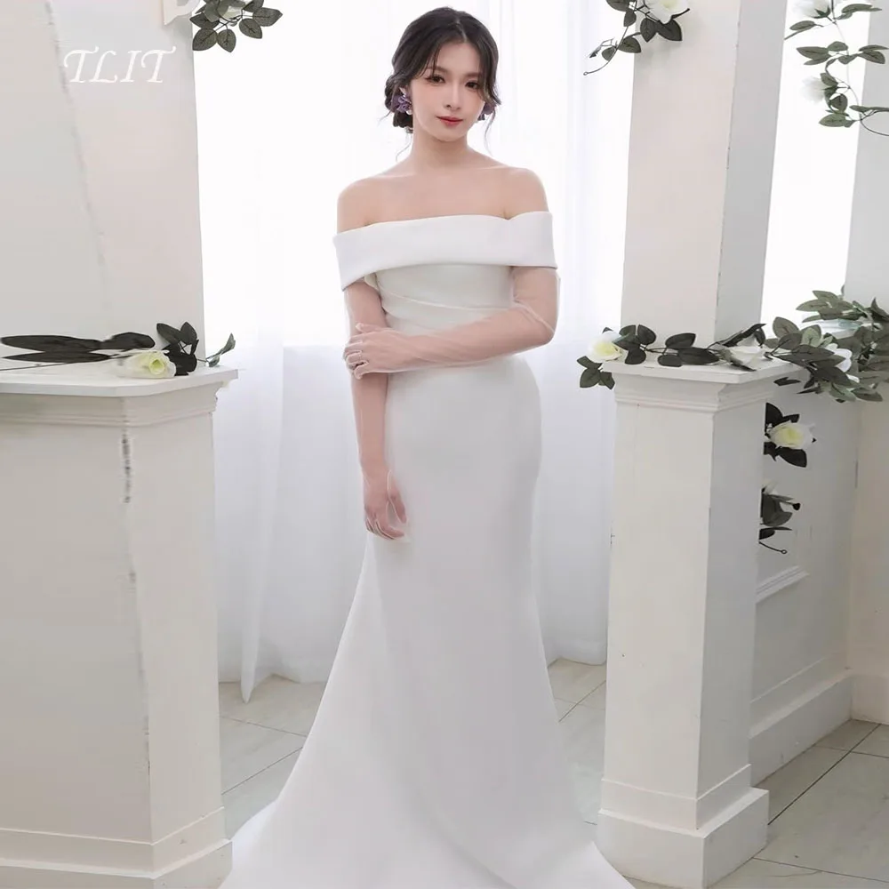 

TLIT Simple Ivory Silk Satin Mermaid Wedding Gown Customized Off The Shoulder Bridal Gown Korea Wedding Dresses Photos Shoot