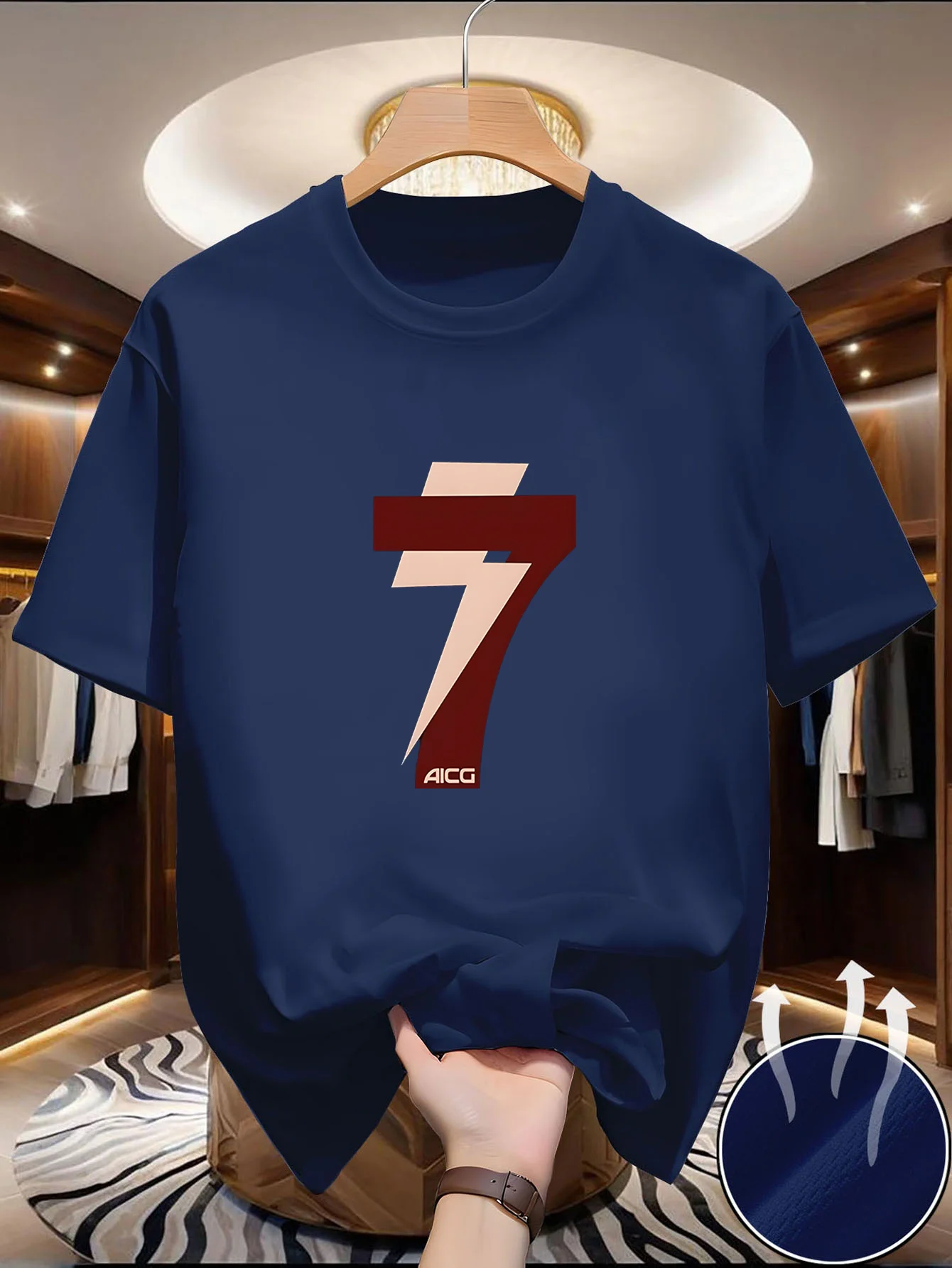 Single men's round-neck short-sleeved T-shirt. Bright sunlight. Flexibility. Comfort. Fashionable item. Sporty style. Comfortabl