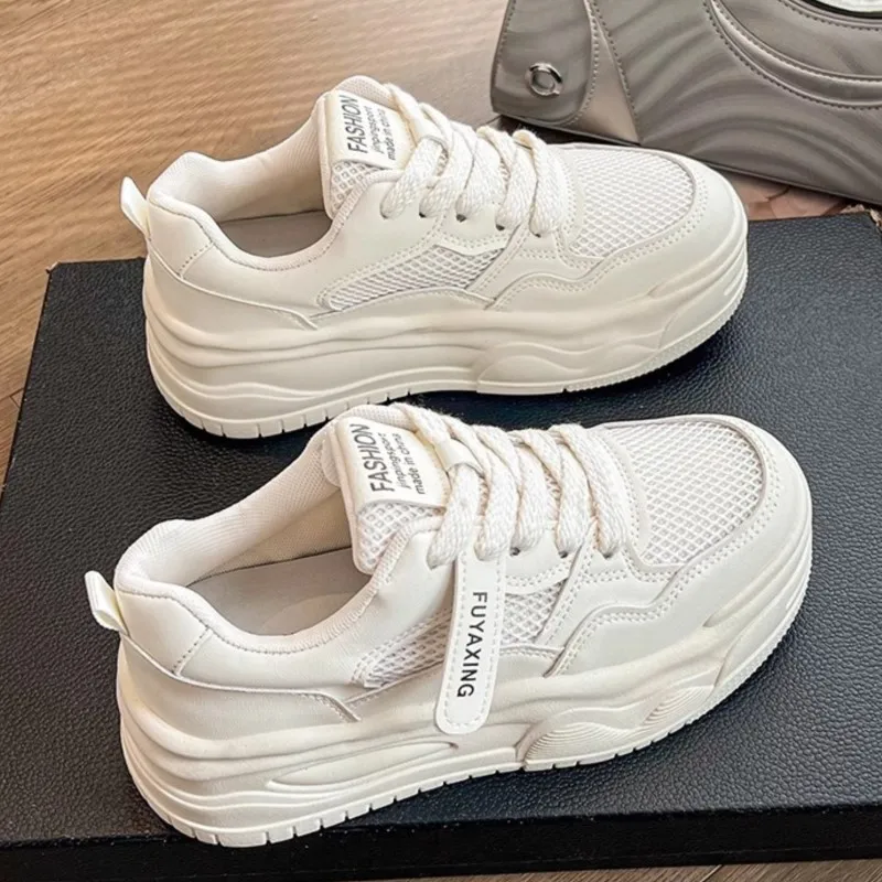 

2025 New Breathable Mesh Platform Sneakers Women Chunky Sole White Casual Shoes Cloud Cushion Elevator Sneakers Hollow Out Flats