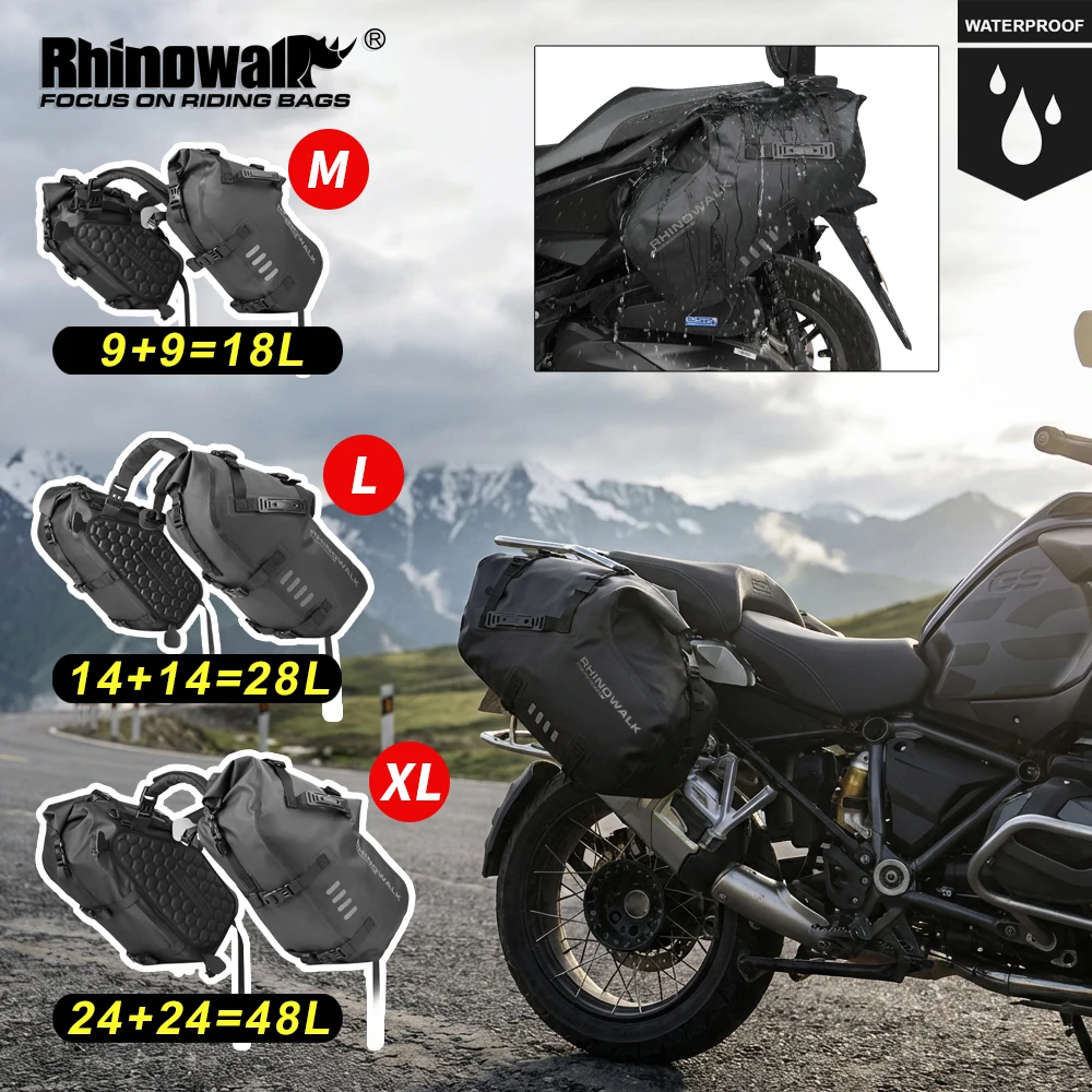 Bolsa Lateral para Motocicleta Rhinowalk, 2 Piezas, Impermeable, 14L/28L/48L, Bolsa de Sillín Universal, Accesorios para Equipaje de Motocicleta