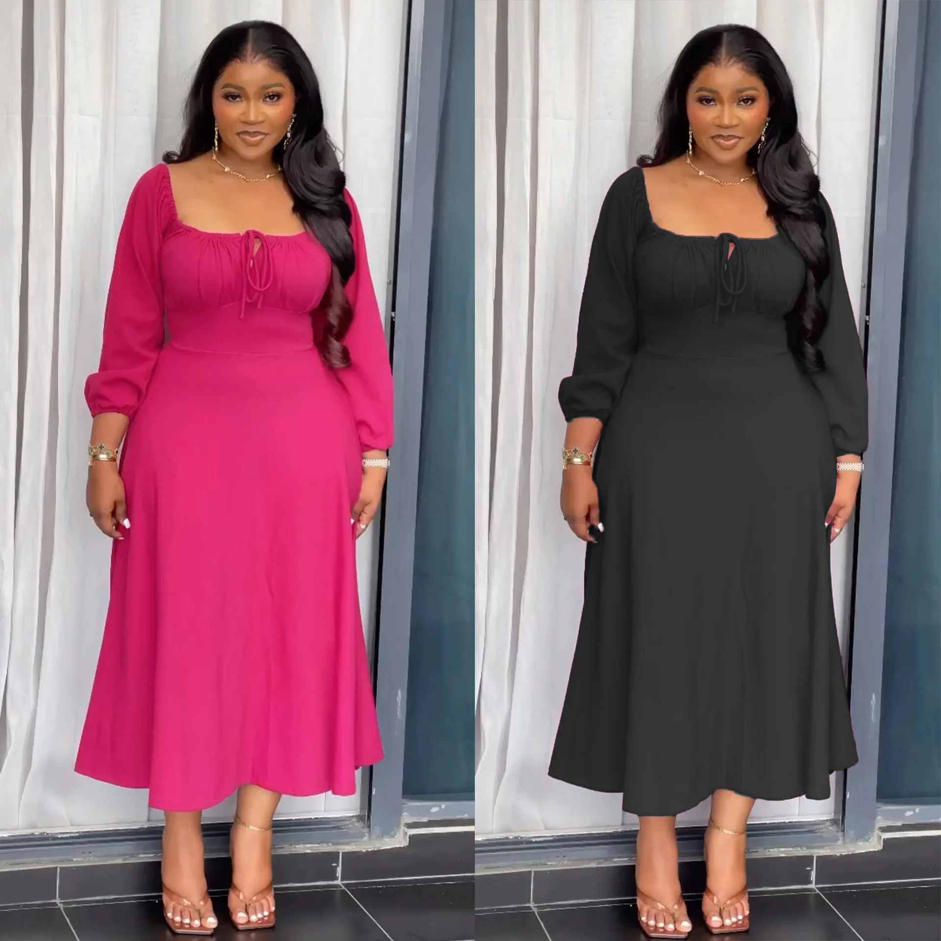 Sexy Nightclub Party Dance Gathering Club Banquet Off-Shoulder Long Dress Drawstring Square Neckline Zipper-Waist A-Line Hem Dre