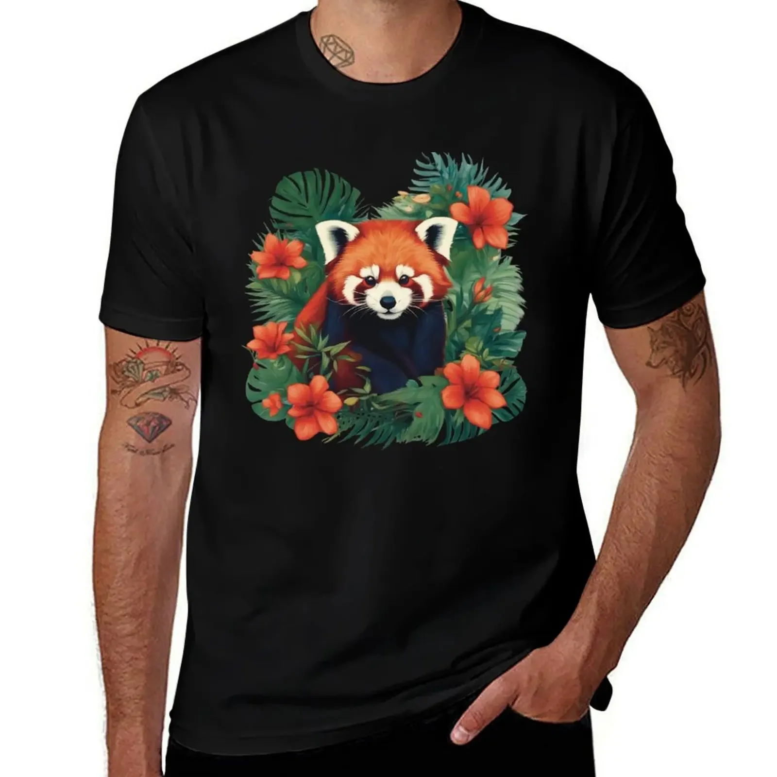 

Red Panda With Red Tropical Flowers T-Shirt valentines boutique clothes plain anime figures sports fans t shirt men 100℅ cotton