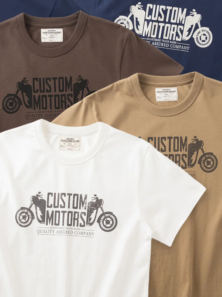 Heavyweight Short Sleeve Cotton T-Shirt Men's Retro American Ameika Kaji round Neck Moto Motorcycle Print Half Sleeve Tee
