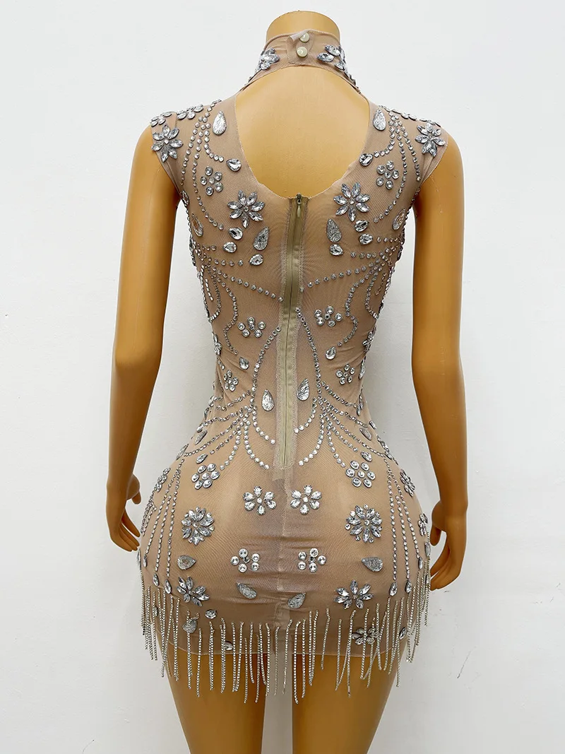 Buttocks Short Skirt Sleeveless Full Diamond Pattern Fringe Perspective Stage Evening Party Dress White Dresses With Rhinestones