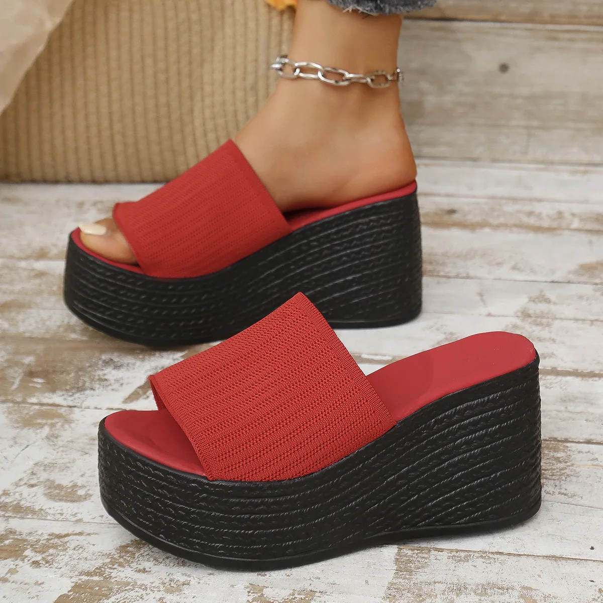 Summer Platform Women Slippers Mesh Flower High Heels Female Casual Shoes Wedges Fashion Fish Mouth Women\'s Roman Slides Shoe