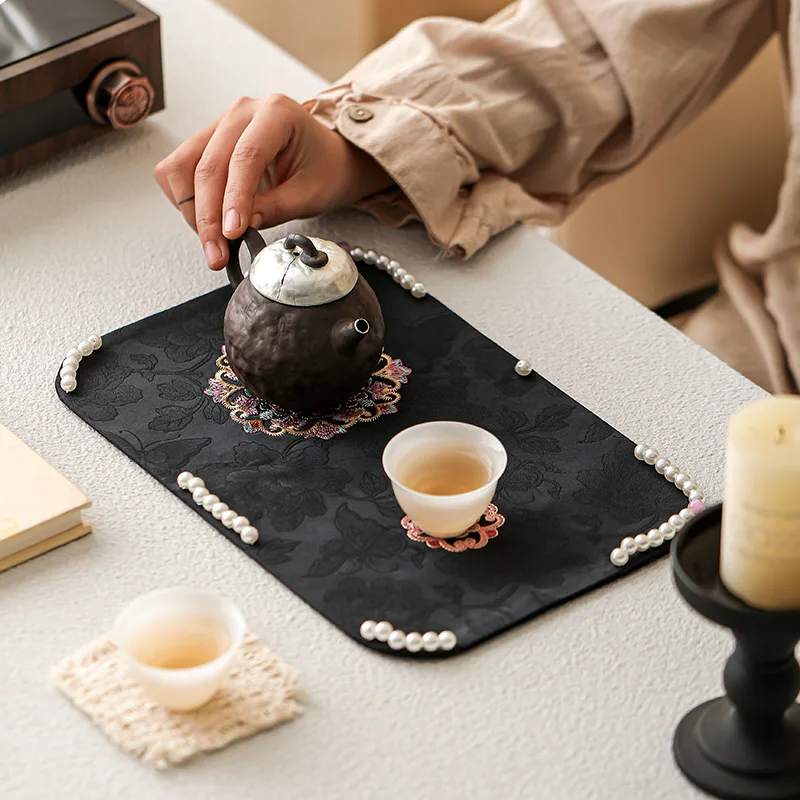 Chinese Style Embroidered Tea Mat Handmade Beaded Floral Table Pad Heat Insulation Dry Brew Mat Gongfu Tea Accessories