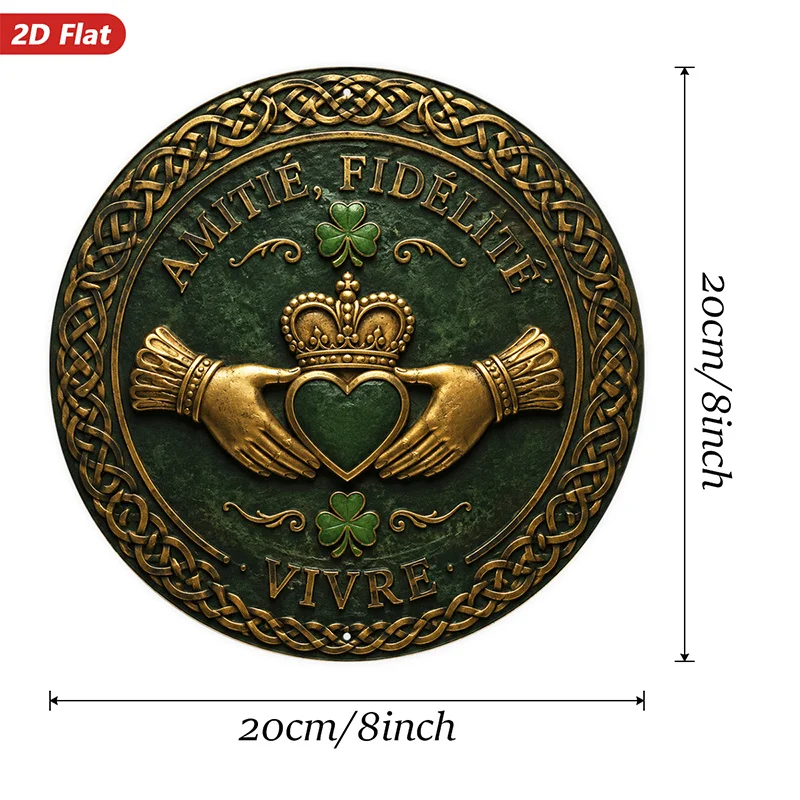 2D Flat, 1pc Claddagh Emblem Round Metal Sign Wall Art, Green Celtic Medallion, Home Decor, Golden Hands Holding Heart