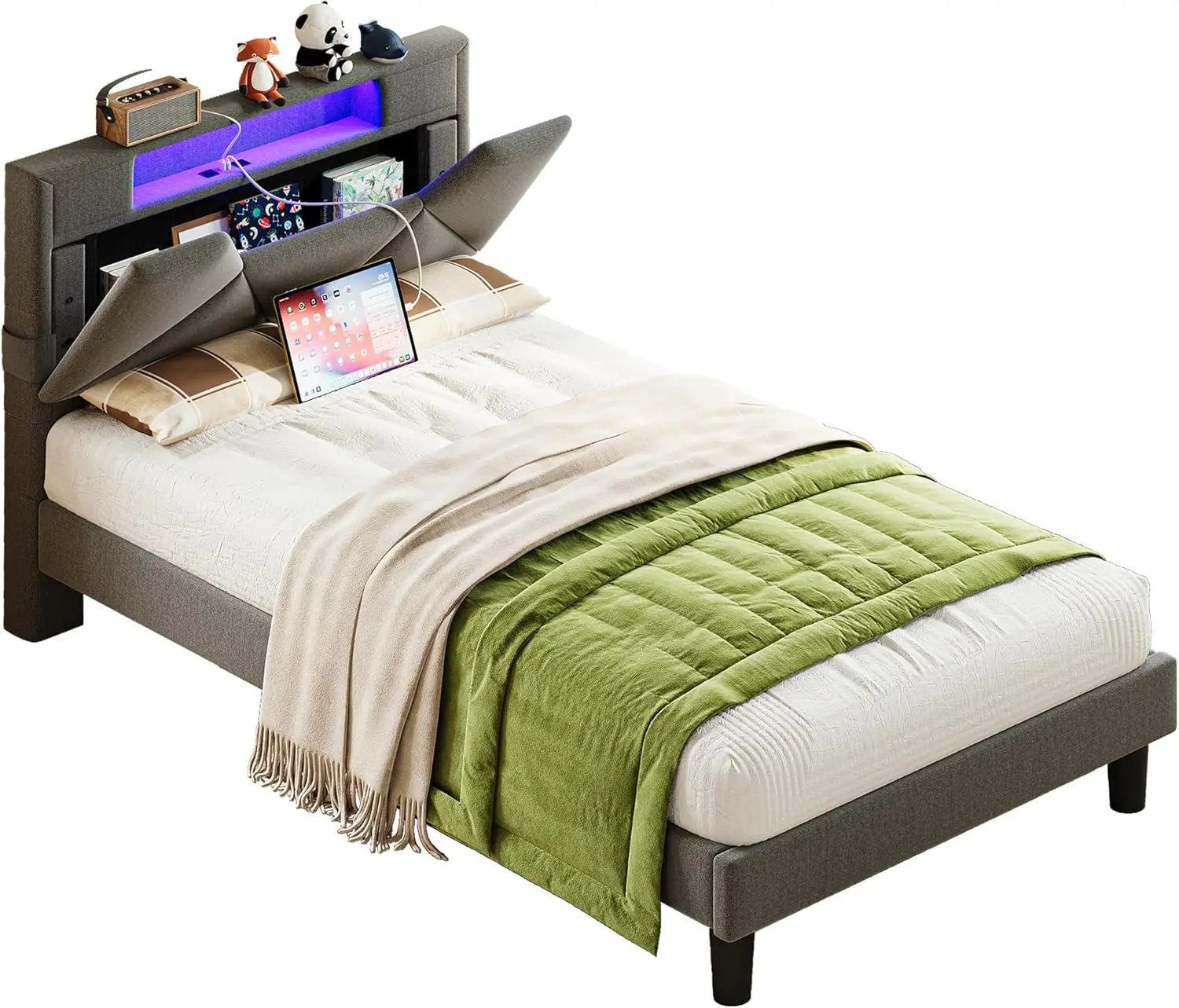 Twin Bed Frame with Storage Headboard and Charging Station, LED Lights Upholstered Platform Bed, Heavy Duty Steel Support