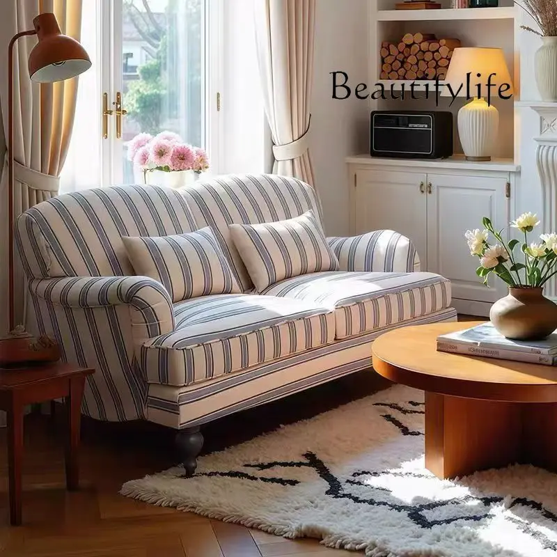

French retro blue striped fabric sofa American living room single sofa double triple large apartment sofa bedroom