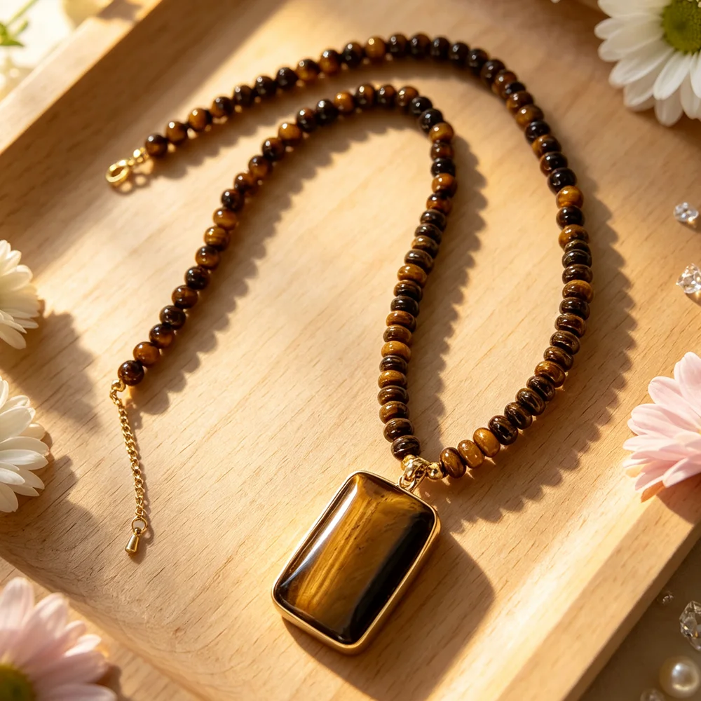 Dainty Tiger Eye Disc Rectangular Pendant Beaded Necklace, Hypoallergenic Unisex Retro Jewelry, Casual Anniversary Birthday Gift