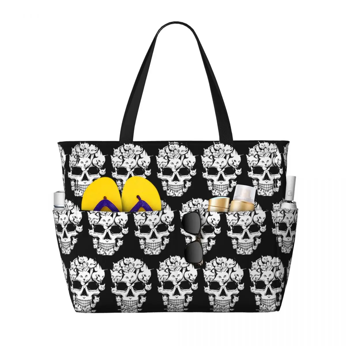Halloween Funny Cat Skull Cat Min Beach Tote Bag Sport Gym Yoga Duffle Large Tote Bag Women Travel Bag Fitness bag