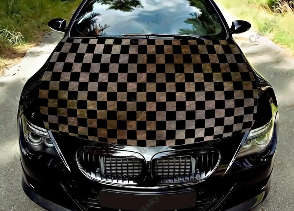 Checkerboard Pattern Car Hood Vinyl Sticker Wrap Film Engine Cover Decal Universal Size Auto Accessories Protect Decoration Film