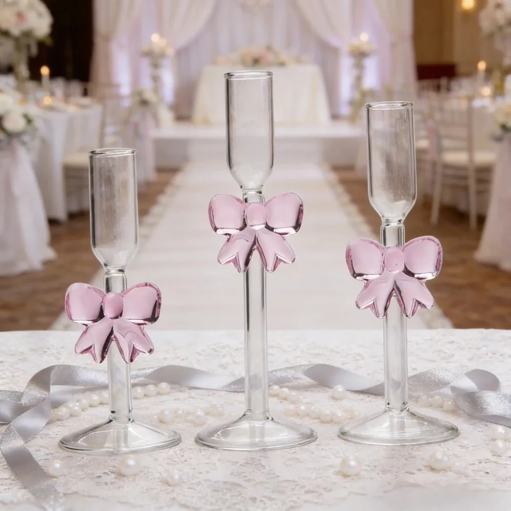 

Exquisite Romantic Bow Candle Holder INS Non-slip Glass Candles Stand Unique Elegant Long Candle Candlestick Party