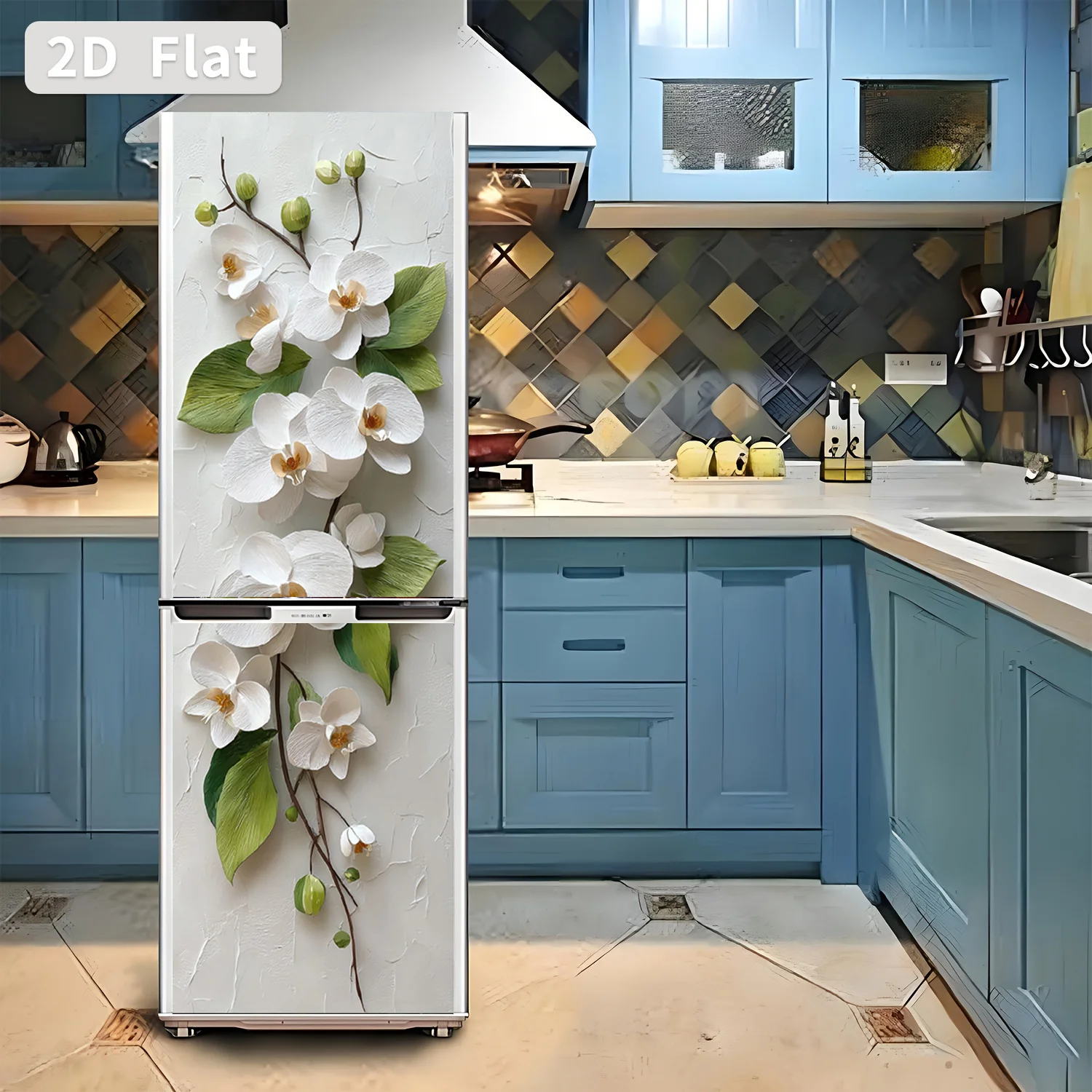 2D Flat Printing 1pc Refrigerator Sticker 60×180cm White Orchid Wall Hanging Theme Design Wall Decal Self-Adhesive Suitable fo