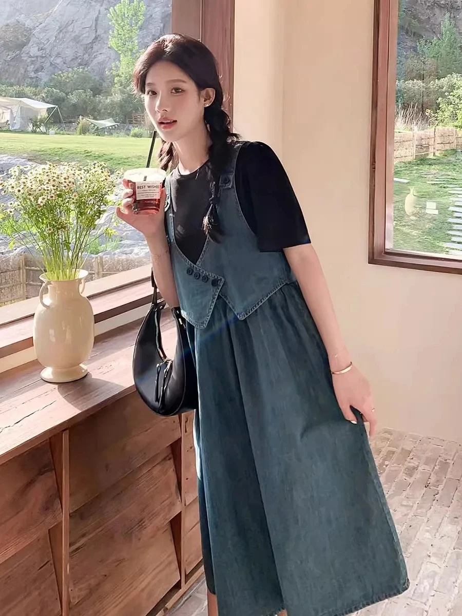 

plus Size Loose Denim Summer Dr Women's A-Line Midi Skirt Waist-Cinching Tea Break Sle Anti-Aging ort Sve round Ne
