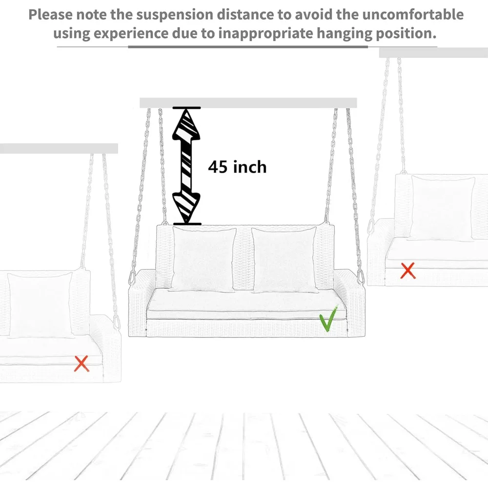 パティオポーチスイング、屋外スイングチェアベンチ、チェーン付き籐製ハンギングポーチスイング、クッションと枕付き、ラタンスイングベン